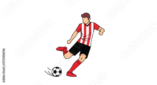 Vibrant illustration depicting an energetic soccer player kicking a ball with great power and precision in a competitive match