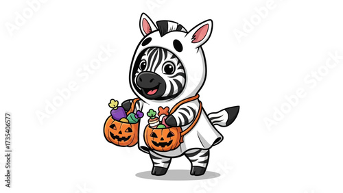 Halloween Zebra's Treat: A cute and cartoonish zebra stands in an adorable Halloween costume, its two small pumpkin baskets filled with delicious candies. perfect for kids.