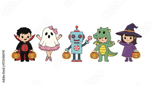Halloween Costume Collection: A charming group of children, each adorned in creative and whimsical Halloween costumes, stands together. Displaying the spirit of Halloween.
