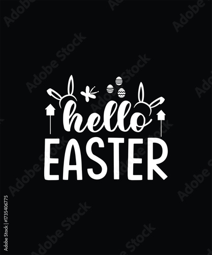 Hello easter text with bunny ears and easter eggs graphic design