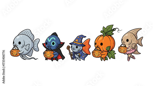Halloween Fish Parade: Delightful cartoon fish dressed in whimsical Halloween costumes, each carrying a tiny treat bucket, march joyfully in a festive parade.