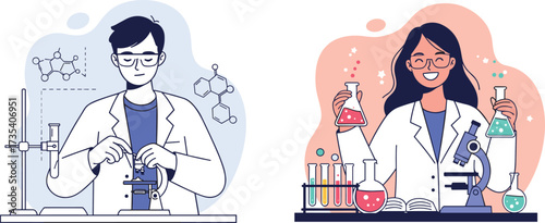 Scientists working in laboratory, microscope usage, colorful liquids, chemistry research, lab equipment, STEM education, professional experiment, safety goggles, scientific analysis, teamwork, data 