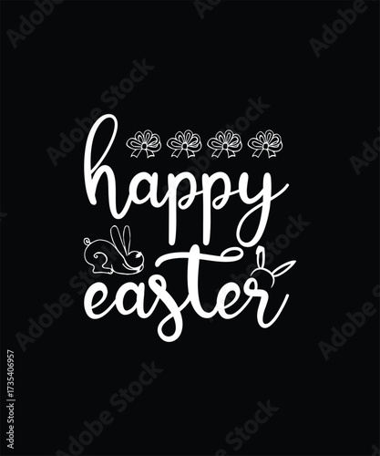 Happy easter text with cute bunnies and floral accents on black background