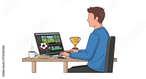 Man Creating Soccer Video Content with Laptop on Desk with Trophy for an Online Audience