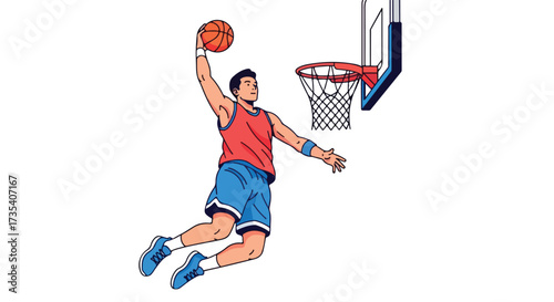 Dynamic basketball player soaring towards the hoop for a slam dunk captured in stylized line art illustration