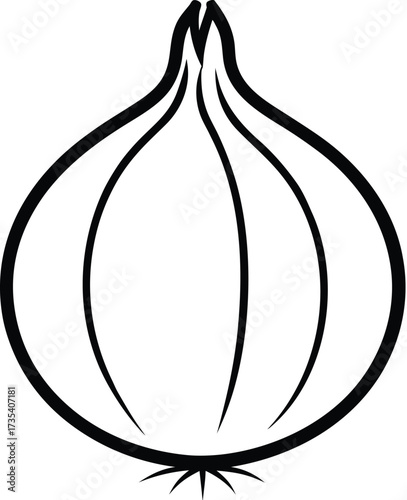 Simple Black and White Outline Drawing of a Fresh Onion Bulb with Root Fibers