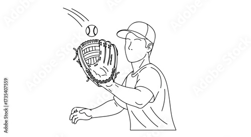 Outlined illustration of a baseball player catching a ball with a mitt in black and white drawing and isolated on a white background with precision