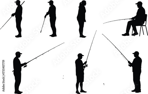 Silhouette people fishing, sitting and standing anglers, fishing rod posture, outdoor activity,