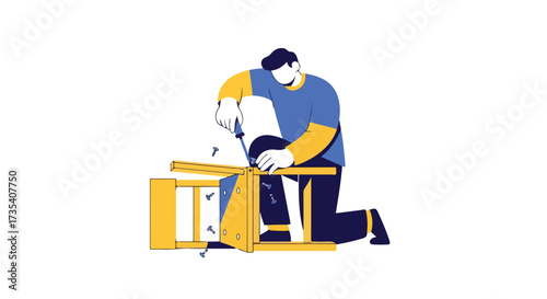 Illustration of a man assembling furniture with a screwdriver in a DIY home project depicted with flat design