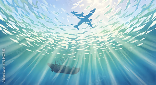 Mesmerizing underwater view captures a plane soaring above and a boat drifting below the surface