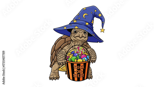 Mystical Turtle's Sweet Haul: A whimsical illustration of a turtle, donned in a wizard's hat, joyfully holding a treat-filled bucket, bringing a touch of enchantment to the scene. 