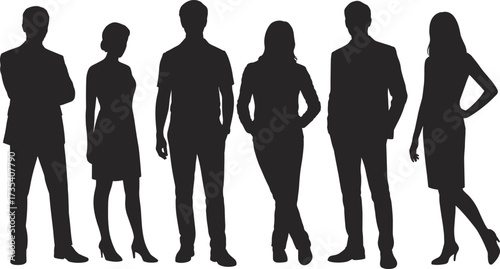 Silhouette of professional people standing together, business attire, formal clothing, diverse poses, black and white, corporate concept, team unity, minimal design, anonymous group