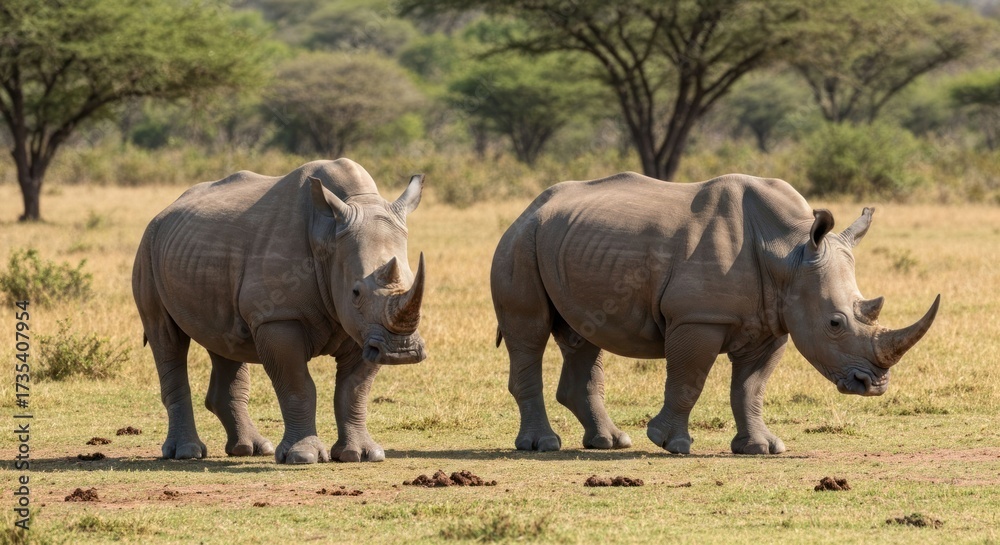 Fototapeta premium Two rhinos in grassy savanna