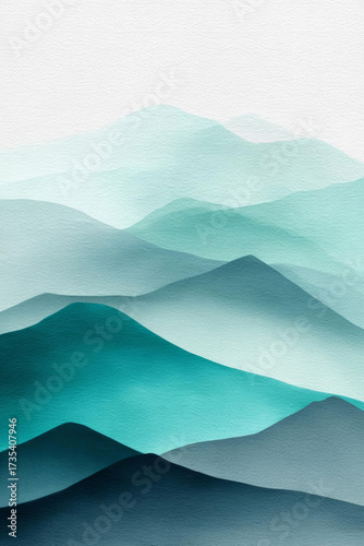 Soft teal mountains create serene landscape with gentle gradients and calming hues