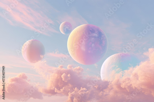 Dreamy landscape featuring pastel colored planets floating among soft clouds, evoking sense