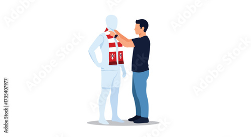Illustrative scene of a shop assistant adjusting a vibrant red and white scarf on a mannequin ahead of a sporting event