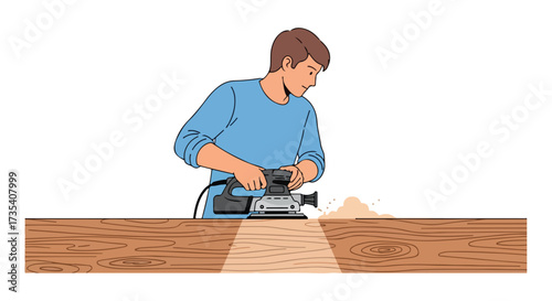 Illustration of a focused craftsman using an electric sander on a wooden plank to smooth the surface in woodworking project