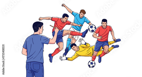 Animated illustration depicting a soccer coach instructing players during a training session on the field action
