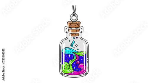 Whimsical Potion in a Bottle: A vibrant and imaginative illustration of a potion bottle filled with a swirling, colorful concoction that sparks curiosity and wonder.