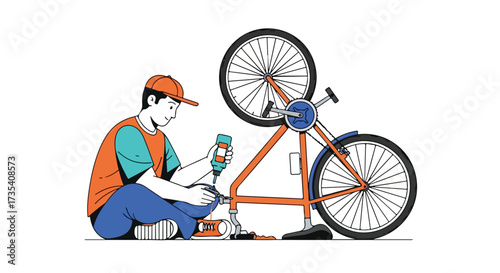 Illustration of a bicycle mechanic maintaining a bike, applying lubricant to the chain in a minimalist art style showing maintenance and care for