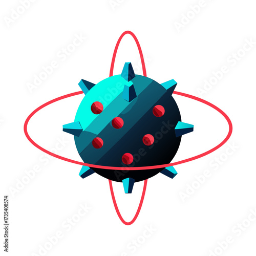 3D Virus Cell with Atomic Orbital Rings and Spike Proteins Scientific Vector Illustration