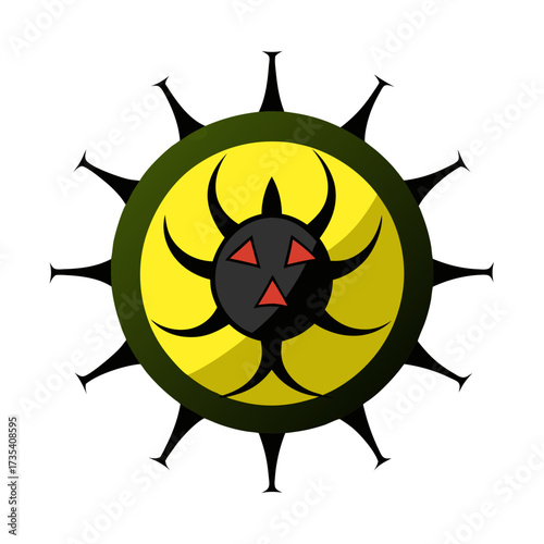 Dangerous Virus or Bacteria Cell with Biohazard Symbol and Evil Face Vector Illustration