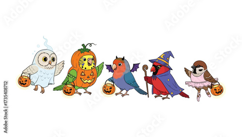 Halloween Birds in Costume: A delightful array of birds, each adorned in charming Halloween costumes and holding miniature pumpkin pails, perfect for trick-or-treating, embodies festive fun.