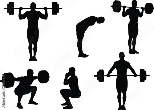 Silhouette weightlifting exercises, barbell squat, deadlift posture, strength training, fitness
