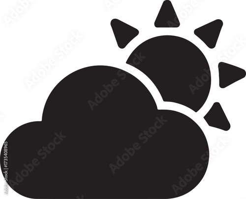Cloud with sun behind silhouette, partly cloudy weather icon for forecast, climate, and nature.