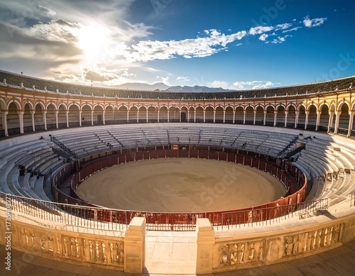 Panoramic view of an empty bullring under a vibrant sky