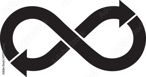 Infinity loop with arrows silhouette, symbol of continuous cycle, flow, and endless motion.