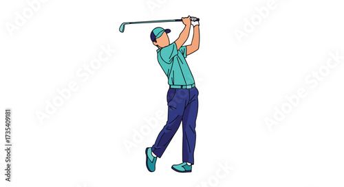 Animated golf player mid-swing on pristine white background showcasing elegance and precision suitable for advertising materials and sports design