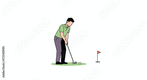 Focused golfer putting with precision aiming for success and victory on the green lawn in summer practicing golf skills