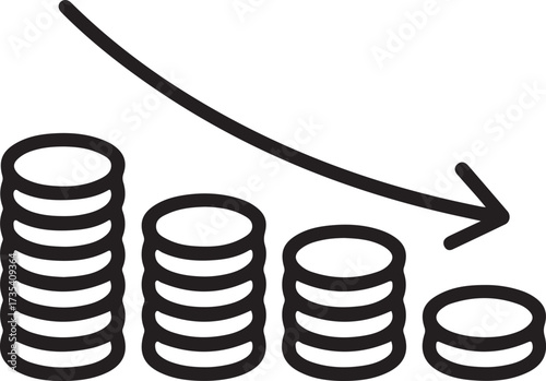 Hand drawn illustration of falling coin stacks and downward trend arrow