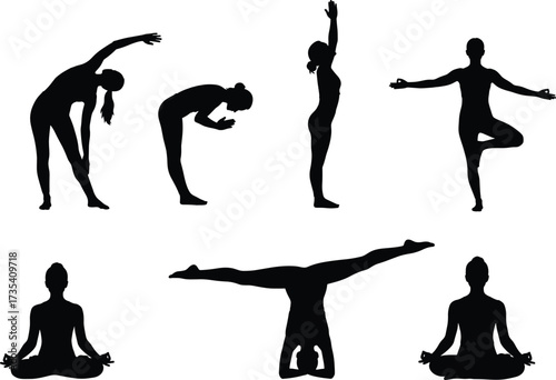 Silhouette yoga poses, meditation posture, headstand split, tree pose, stretching exercise, balance