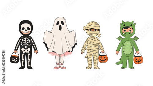 Halloween Costume Fun: A group of costumed kids dressed as a skeleton, ghost, mummy, and dragon, ready for trick-or-treating on Halloween night! 