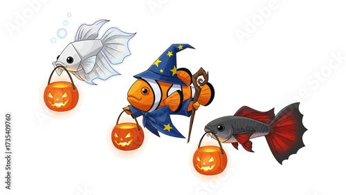Halloween's Underwater Parade: Charming illustrations of whimsical fish, each adorned with a carved pumpkin, ushering in the festive spirit with enchanting detail.