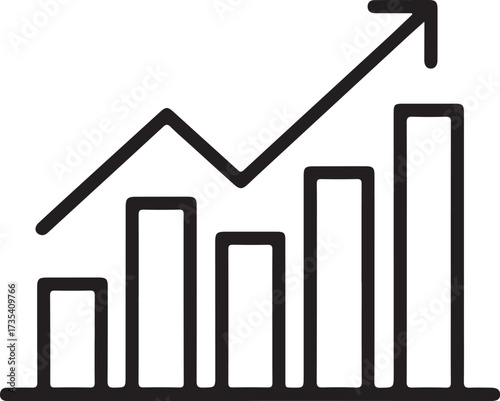 Simple hand drawn bar chart with upward trending arrow showing growth