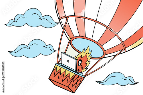 Laptop on fire in a hot air balloon basket