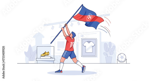 Soccer fan enthusiastically waves flag at soccer memorabilia gallery celebrating victory and team spirit reflecting the passion for the sport in