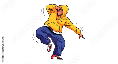 Dynamic dancer in motion capturing rhythmic energy and urban vibes, vibrant yellow hoodie and expressive gesture adding to the scene's vitality