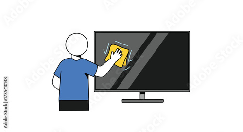 Stick Figure diligently cleaning television screen with a yellow cloth displaying maintenance routine for electronics with a glossy black surface