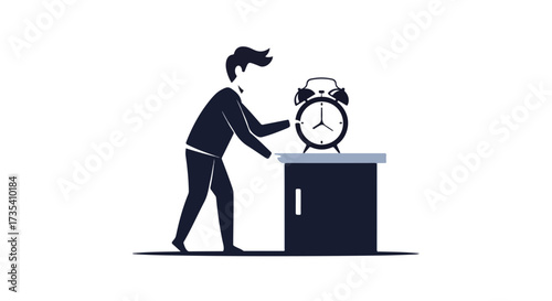 Stylized morning awakening scene showing a person silencing an alarm clock from their bedside table in minimalist vector form
