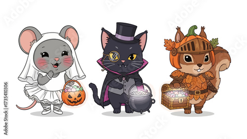 Halloween Costume Party: A trio of adorable, cartoonish creatures dressed up in various Halloween costumes gather, radiating the festive spirit of All Hallows' Eve. The cat dons a sleek vampire cape.