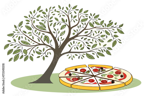 Pizza under a stylized tree