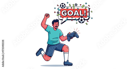 Joyful gamer celebrates virtual victory after scoring goal in soccer video game with controller and confetti, achieving ultimate digital achievement