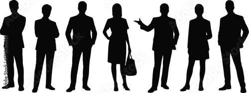 Silhouettes of business professionals, corporate team diversity, formal office attire, leadership concept, 