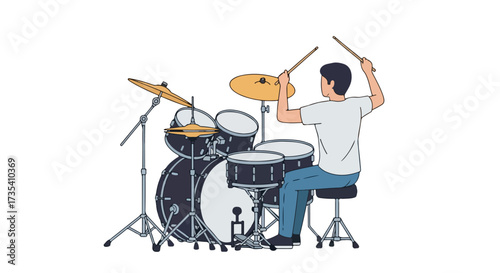 Cartoon illustration of a drummer hitting the drums with a pair of drumsticks against white backdrop ready to make some noise