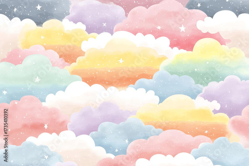 Soft pastel clouds in various colors create dreamy and whimsical atmosphere