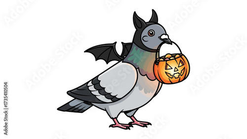 Spooky Halloween Pigeon: This comical illustration captures the festive spirit of Halloween. A whimsical pigeon, costumed in a bat-themed hood, clutches a jack-o'-lantern bucket.